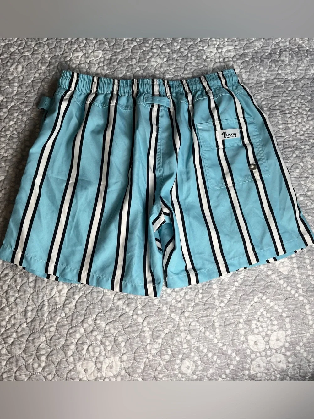 Vacay Swimwear Blue Vertical-Stripe Men's Swim Trunks, size large, 5 inch inseam